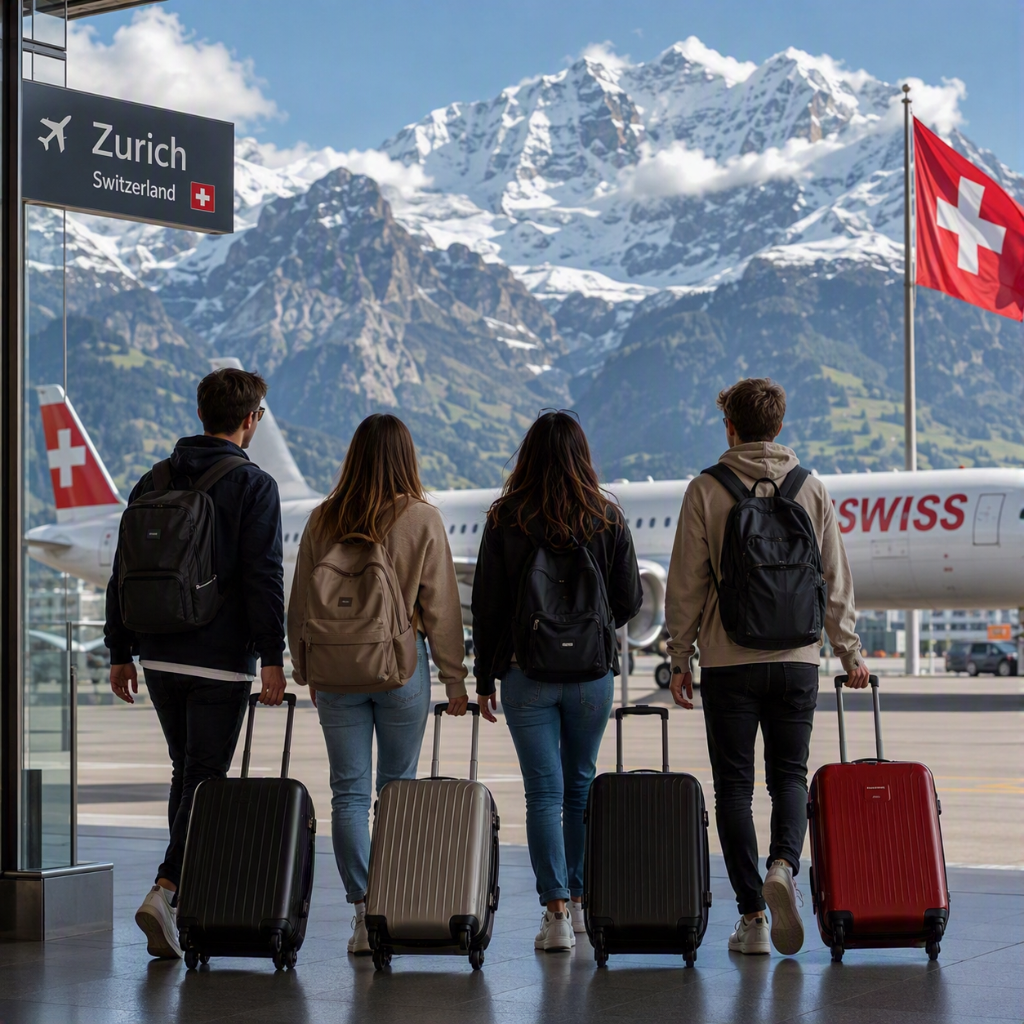 Estudantes viajando para a Suíça com montanhas ao fundo