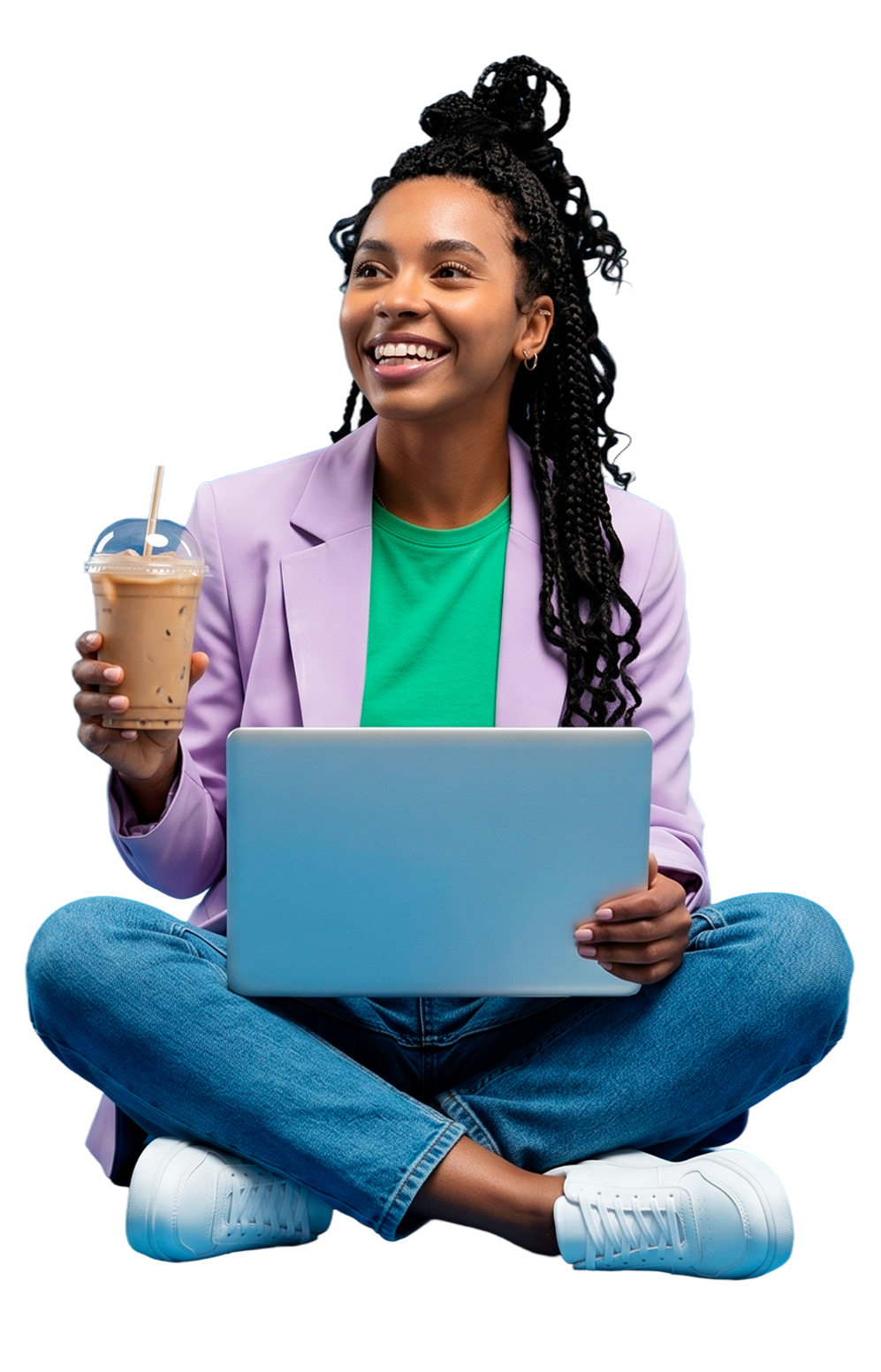 Jovem do Key Visual Campus Challenge com café gelado e notebook