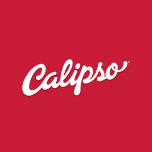 logo da marca calipso em branco no fundo vermelho