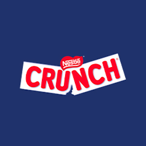 logo da marca crunch em vermelho, com borda branca e fundo azul escuro