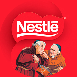 logo da marca dois frades em fundo vermelho com ilustração de um frade oferecendo chocolate ao outro