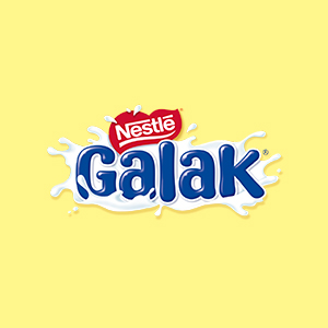 logo da marca galak em azul no fundo amarelo