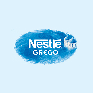 logo da marca Nestlé Grego em branco no fundo oval azul claro