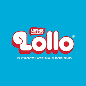 logo da marca lollo em branco no fundo azul claro e o slogan "o chocolate mais fofinho"