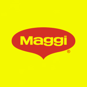 logo da marca maggi em forma oval vermelha em fundo amarelo