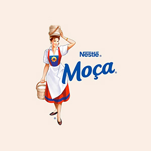 logo da marca moça em azul com ilustração de camponesa carregando uma cesta na cabeça, em fundo creme