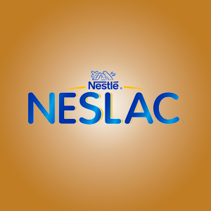 logo da marca neslac em azul no fundo dourado