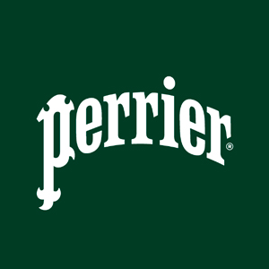 logo da marca perrier em branco no fundo verde