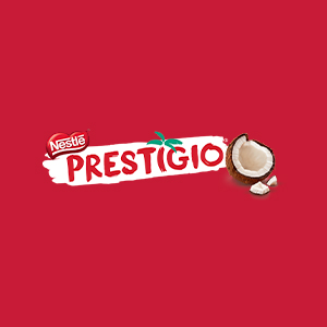 logo da marca prestígio em vermelho, com borda branca, ilustração de coco, em fundo vermelho