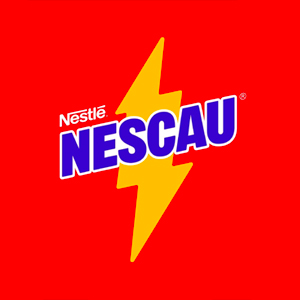 logo da marca nescau em azul acima de ilustração de raio amarelo, em fundo vermelho