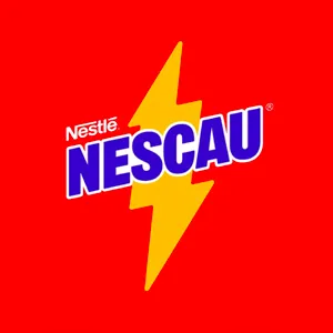 logo da marca nescau em azul acima de ilustração de raio amarelo, em fundo vermelho